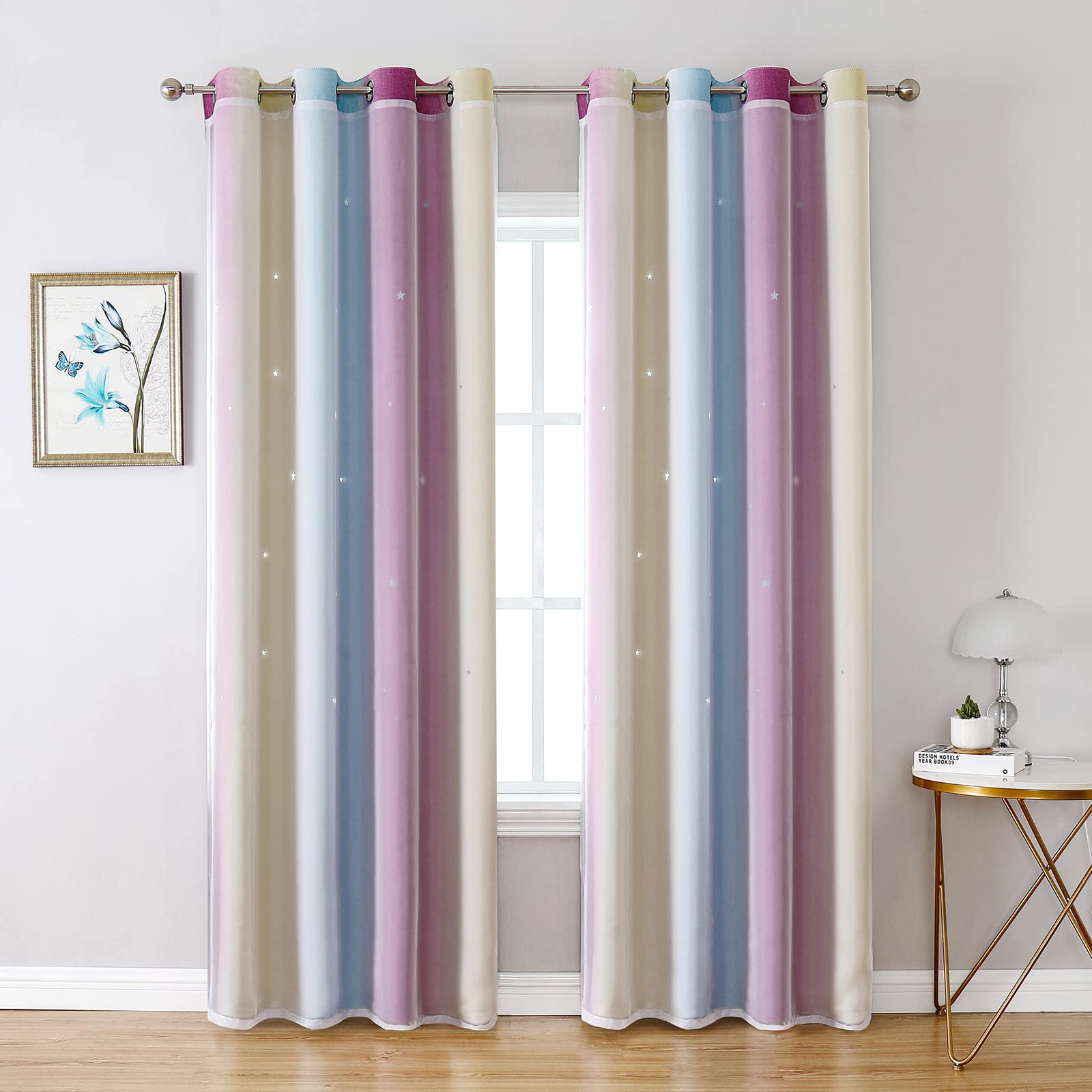 LiveGo Star Curtain Stars Blackout Curtain for Kids Girls Bedroom Living Room Colorful Double Layer Star Window Curtain 2 PANEL(100cm Wide x 130cm Drop) (purple, 2 Panels 40"x52")