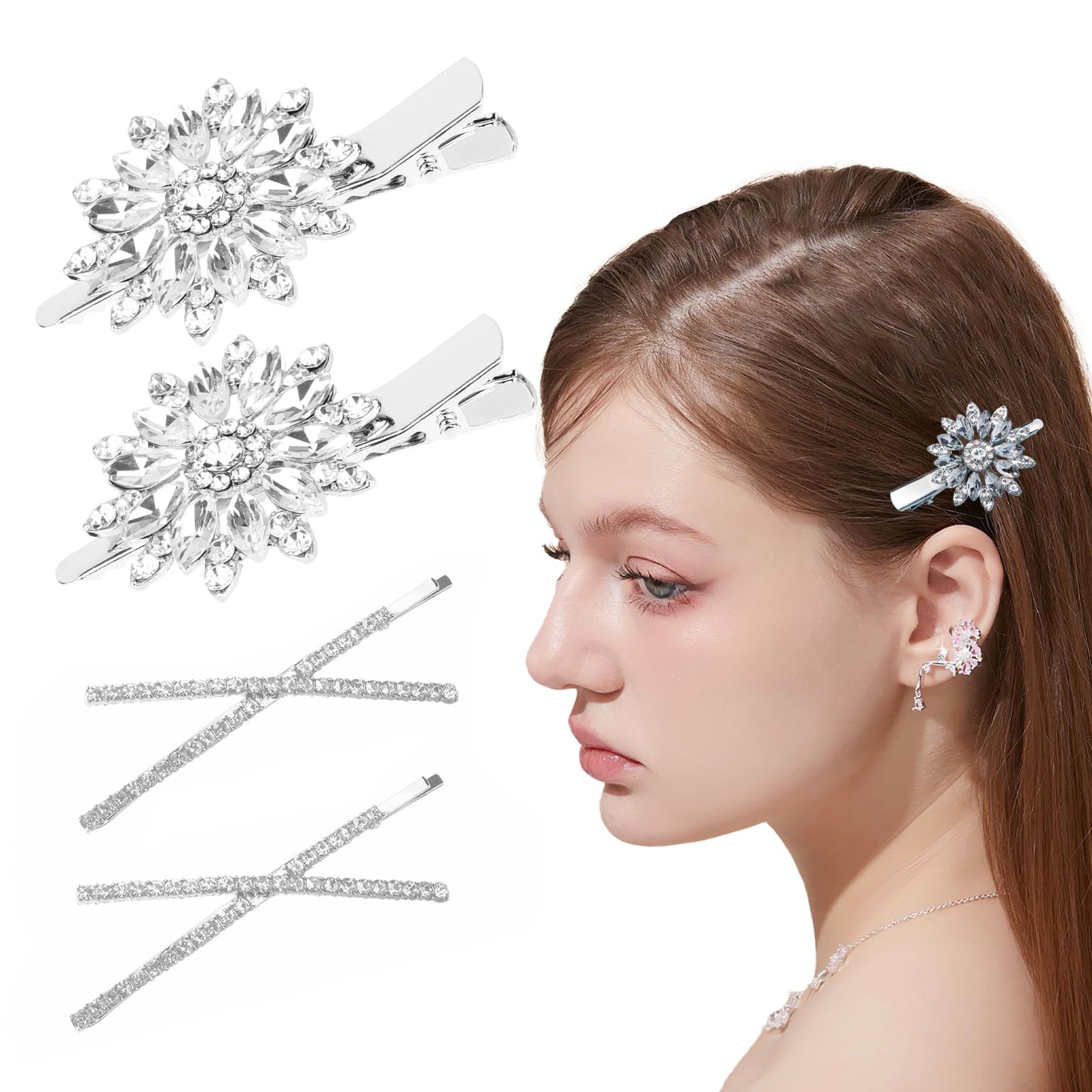 Belligern 4PCS Diamante Hair Clips for Women Sparkly Hair Accessories Silver Hair Clips,Sparkly Hair Accessories,Suitable for Ladies Girls,Bridesmaids Hair Accessories.Exudes Elegance and Charm