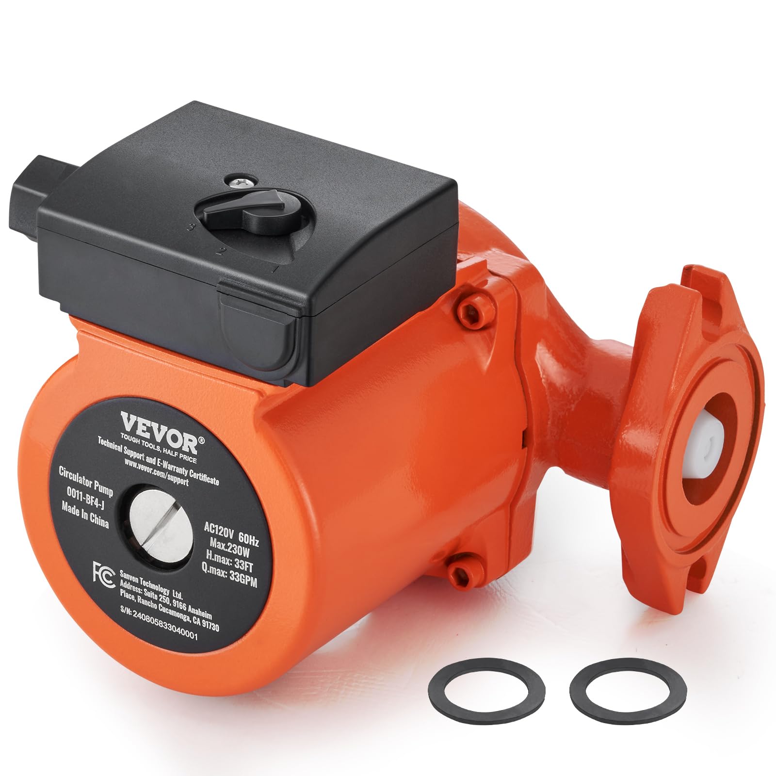 VEVOR 0011-BF4-J Cast Iron Circulating Pump, 33 GPM Hot Water Circulation Pump, 1-1/4″ NPT Flange 3-Speed Circulator Pump, Quiet Operation Circulator for Floor Heating/Home Water Heater System