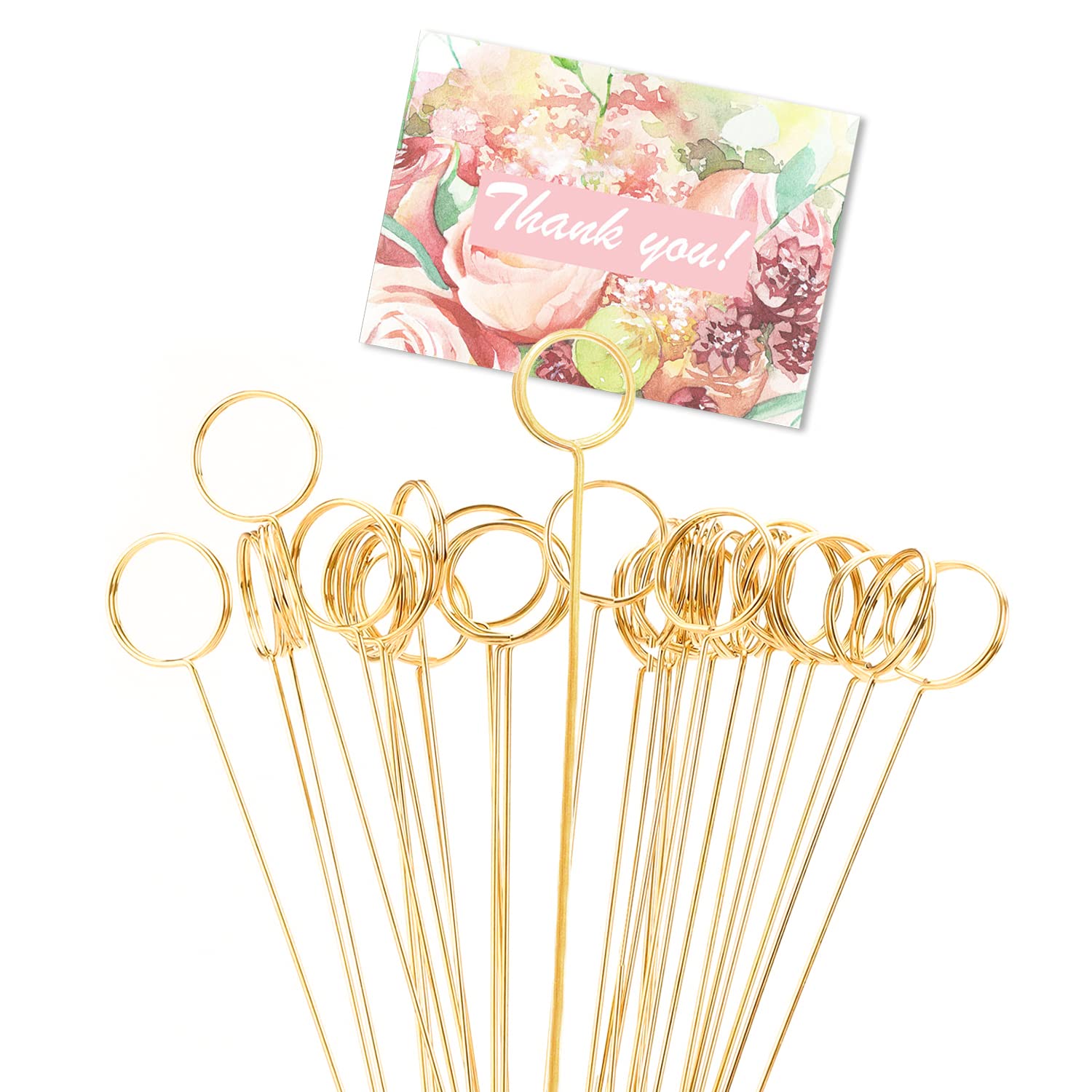 dordol 30pcs Metal Wire Floral Place Card Holder, Photo Clip Round Flower Favor Card Holder Metal Wire Photo Memo Holder Metal for Shower Party Favor (Round Shape)