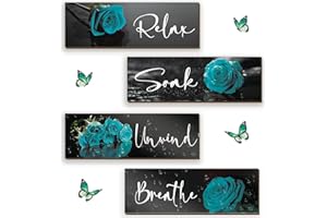 ZINYAZHE 4 Pieces Teal Wall Decor Teal Rose Bathroom Decors Turquoise Bathroom Accessories Wooden Flower Restroom Art Relax Soak Unwind Breathe Sign for Bedroom Living Room Home Decoration(Teal Rose,12x4 Inch)