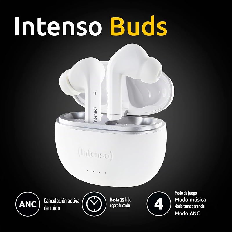 Intenso White Buds TWS - Auscultadores T302A sem fios verdadeiros com cancelamento de ruído ativo e até 35 horas de reprodução de música, branco