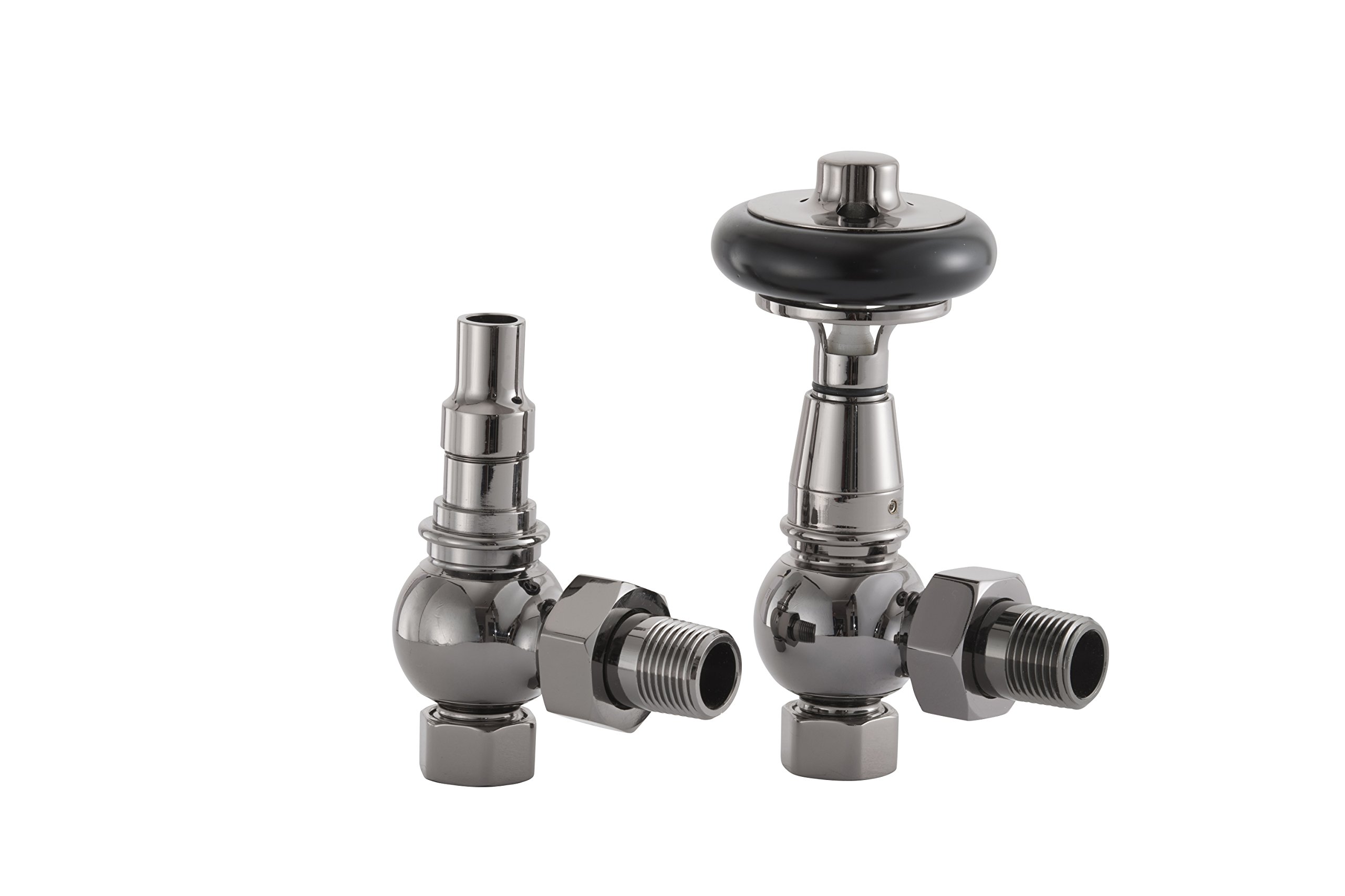 UK-28 BN Arroll traditional thermostsic radiator valve in Black nickel with FSC certified black wooden wheel head & lockshield