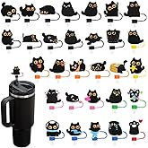 30PCS Black Cat Straw Cover Cap for Stanley Cup 40oz Cute Cat Tumbler Straw Toppers Bulk Reusable PVC Cute DIY Straws Accessories,fit 0.35-0.4in/10mm Straws Protector Dust-Proof for Party gifts
