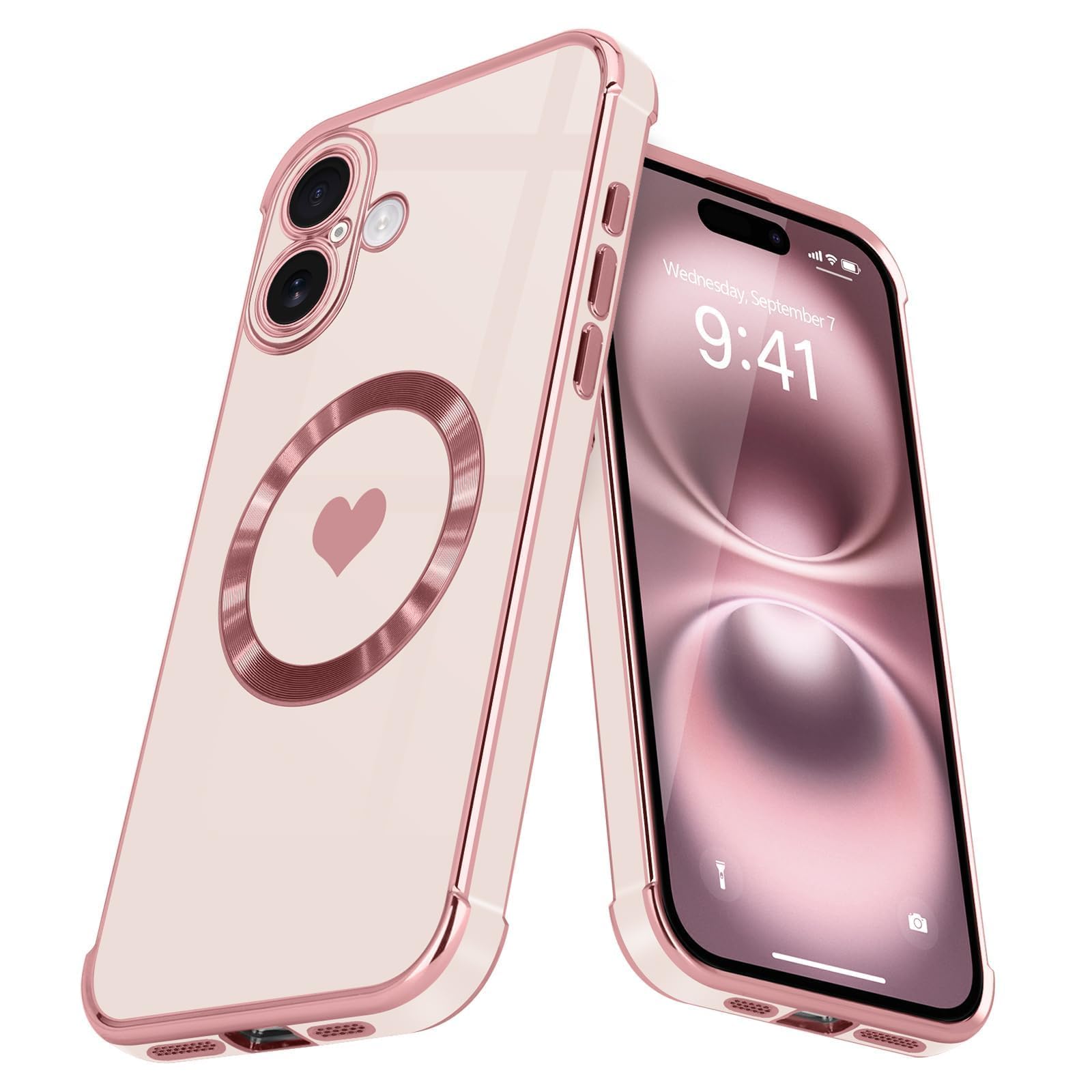 L-FADNUT Magnetic Case for iPhone 16 Women Girl Luxury Plating Cute Love Heart Slim Cover Full Camera Lens Protection Compatible with MagSafe for iPhone 16,Pink