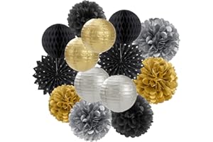 Black Gold Silver Party-Decorations Streamers-Lanterns - 14pcs Graduation 2025 Paper Fan,Tissue Flower Pom Poms Streamers,Honeycomb Balls,Men Birthday Wedding Baby Bridal Shower Decor Ouruola