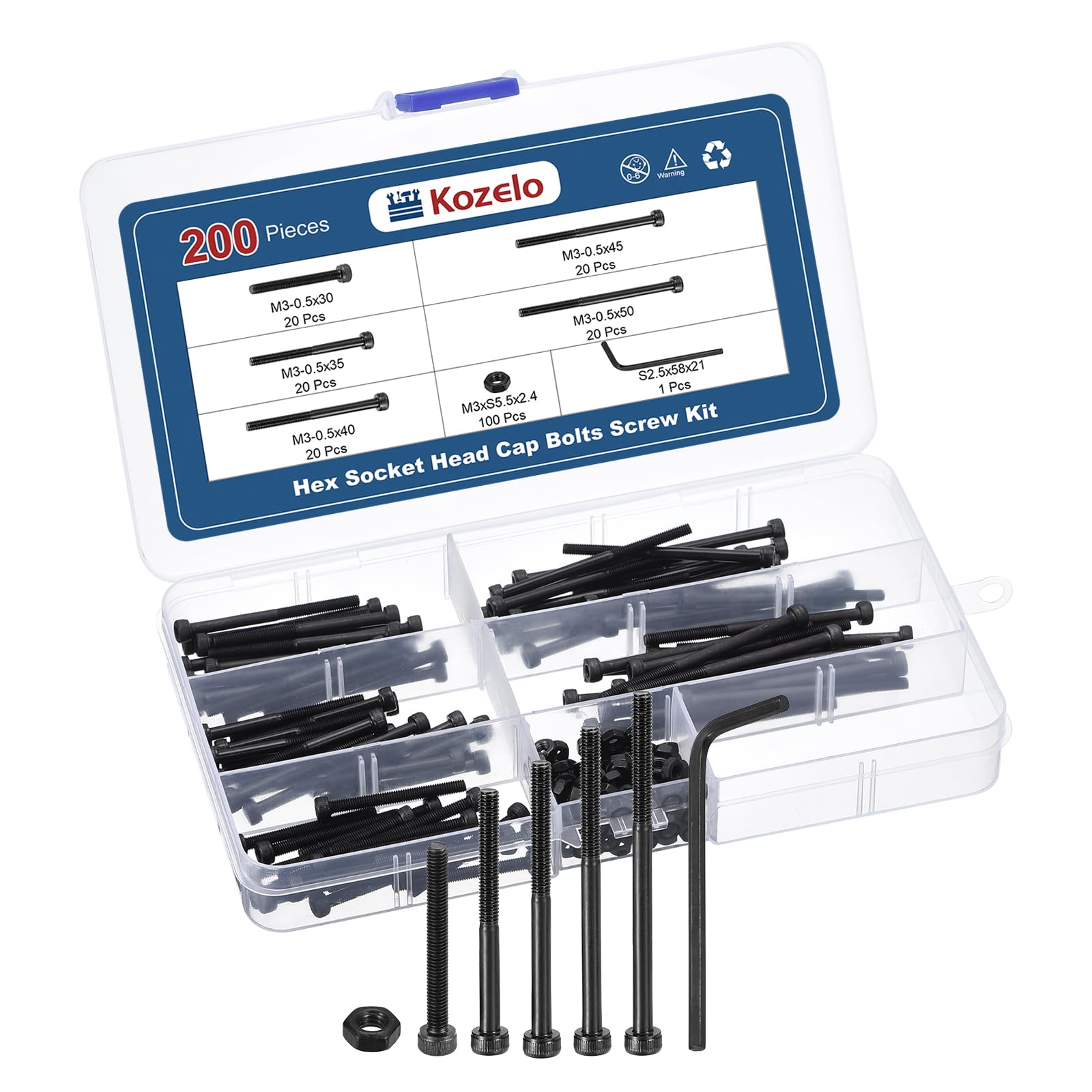 Kozelo 200pcs Socket Head Cap Screws Bolts Nuts Assortment Kit - [M3x30/35/40/45/50mm] Alloy Steel Black Oxide 12.9 Internal Hex Screw for 3D Printer Use, with Wrench — image 1