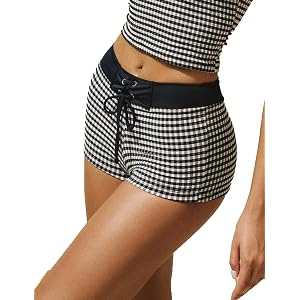 Womens High Waisted Swim Shorts Gingham Bikini Bottoms Textured Boy Short | Ladies Boardshorts, Vintage Tie Front Swimsuit Bo