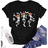 Hot Coffee Skeleton Shirt for Women Halloween Skeleton T-Shirt Funny Fall Skull Graphic Tees Tops Blouse Gift