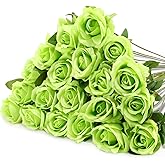 Hotop 20 Pcs Artificial Rose Flowers with Long Stem,Real Touch Silk Realistic Plastic Bouquet Roses Bulk for Home Decor Bridal Wedding Party Table Centerpieces Decorations(Green)