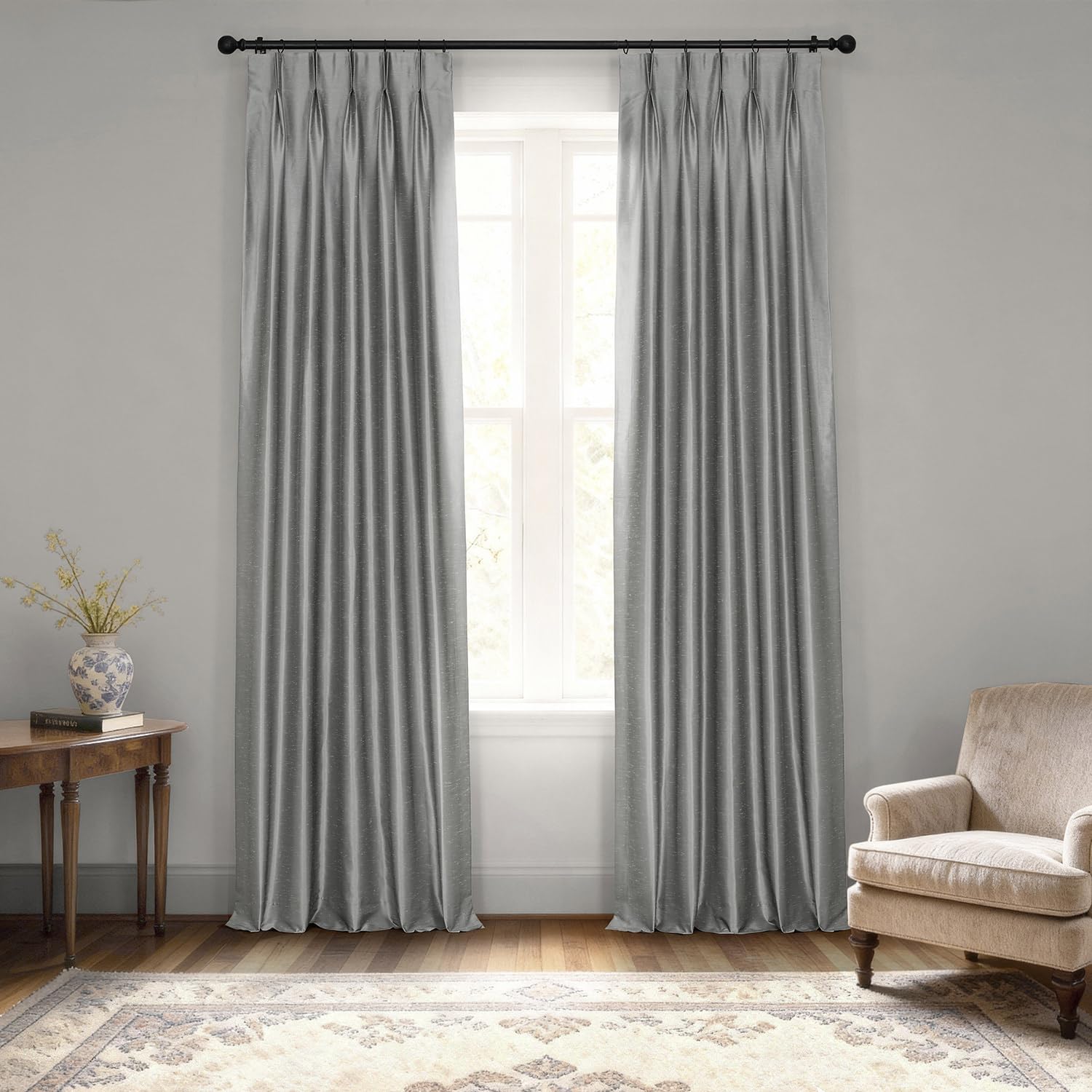 HPD Half Price Drapes Blackout Curtains for Bedroom Vintage Textured Faux Silk French Pleated Curtains for Living Room (1 Panel), 25 X 108, Storm Grey
