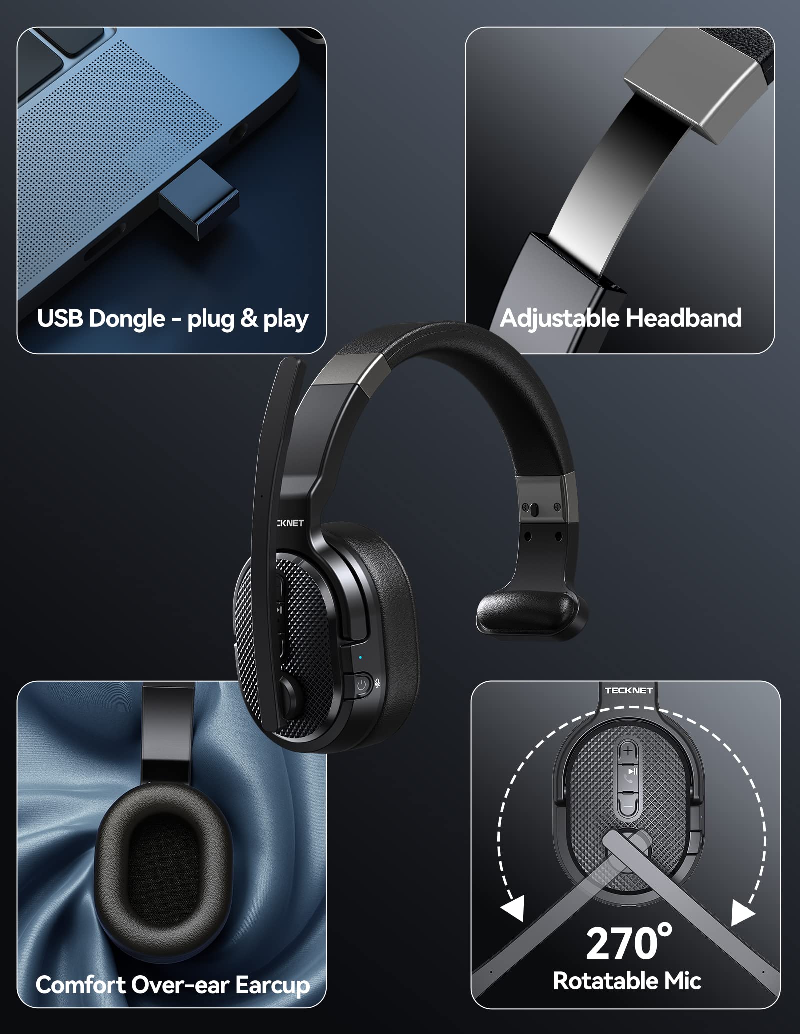 TECKNET Trucker Bluetooth Headset, AI Noise Canceling 70h Wireless Headphones Bluetooth with Microphone & Dongle, ENC Headset with Mute for PC Phone Laptop Office Home, All Day Comfort