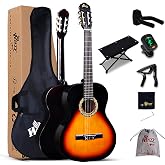 Winzz 4/4 Size Beginner Classical Guitar, Sunburst | for Adults &amp; Students, Spanish Style, Nylon String, Wide Fretboard, Complete Bundle with Footstool
