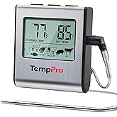 TempPro TP16 Large LCD Digital Cooking Food Meat Thermometer for Smoker Oven Kitchen BBQ Grill Thermometer Clock Timer with Stainless Steel Temperature Probe(Previously ThermoPro)