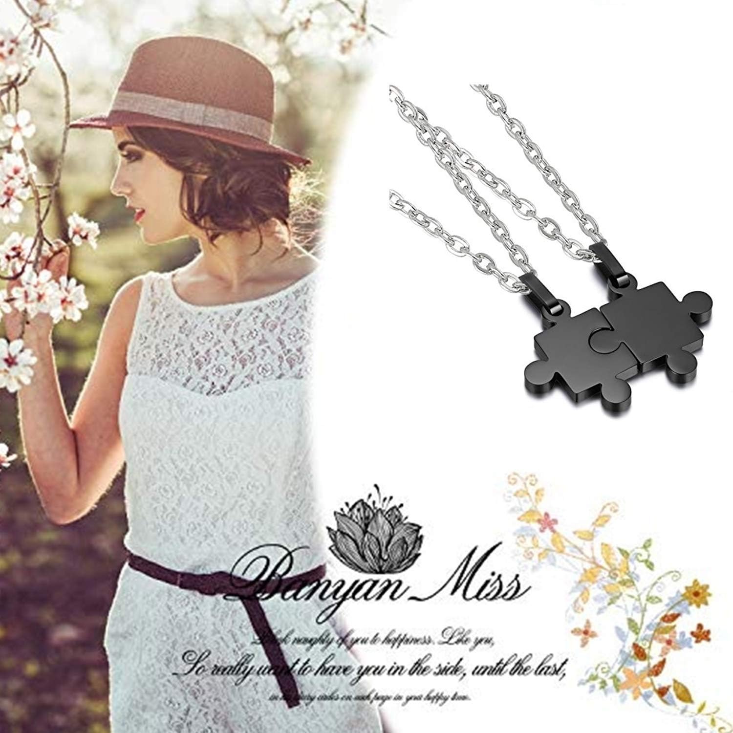 Cupimatch 2 Pieces Black Stainless Steel Puzzle Matching Pendant Couple Necklace Set including 18" & 22" Chain - Image 3