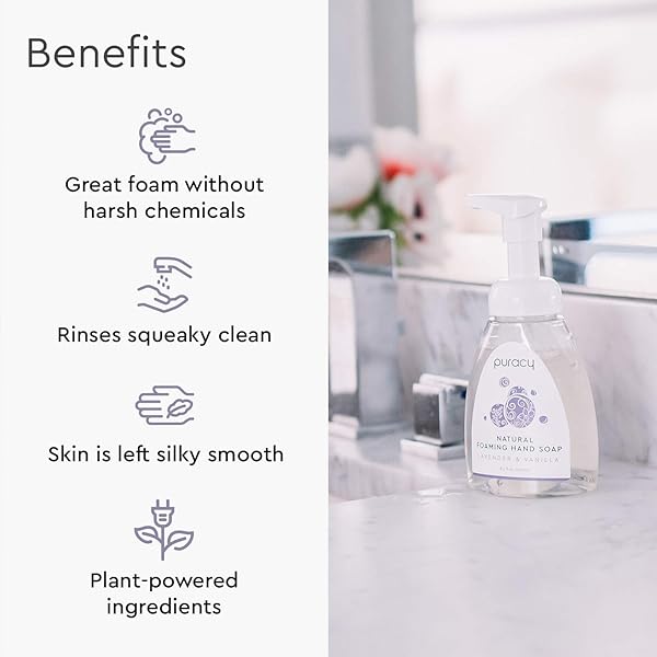 PURACY NATURAL FOAMING HAND SOAP, SULFATE-FREE FOAM, LAVENDER AND VANILLA, 8.5 OUNCE BOTTLE
