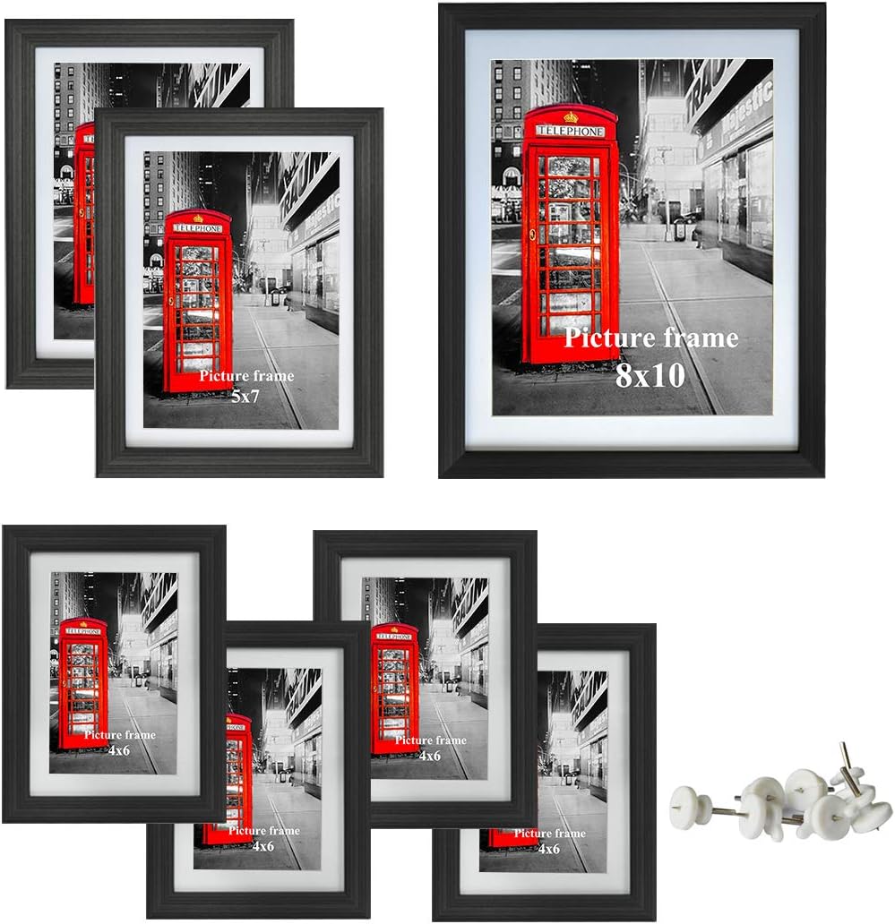 Gallery Picture Frame Set of 6, Black Multi Size Frames Made to Display One 8x10, Two 5x7, Three 4x6 Photos for Wall and Tabletop