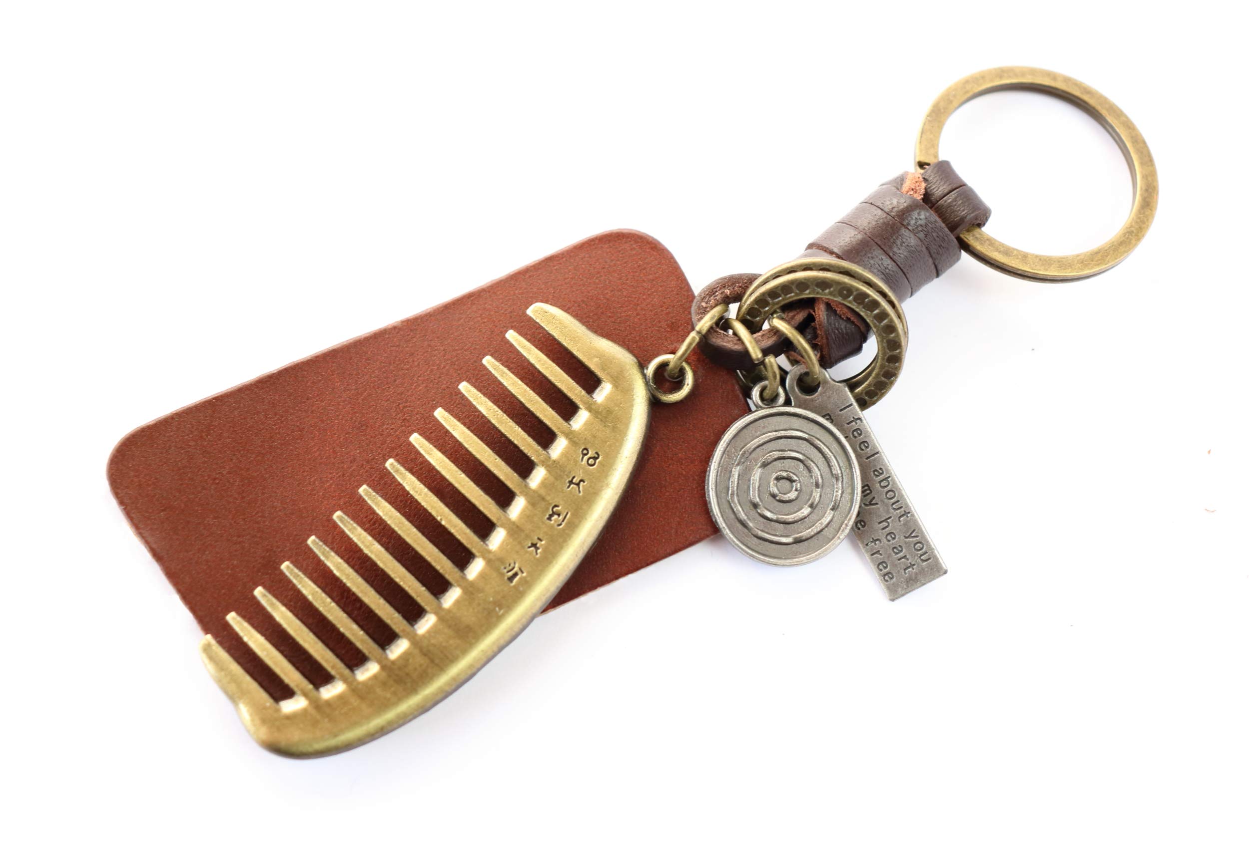 AuPra Barber Comb KeyRing Gift Idea Women & Men Red Leather Beard & Hairdresser Vintage KeyChain | Mum & Dad Hair Stylist Charm Key Ring Present | Girl & Boy Cute Moustache Mini Pendant