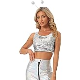 Allegra K Women's Sequin Tops Metallic Sparkle Glitter Sleeveless Camisole Tank Top Party Club Crop Tops