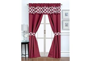 Regal Home Collections Leila Room Darkening Curtains 5-Piece Set - Rod Pocket Window Curtain Panels with Embroidered Valance and Tie Backs - Blocks Light Up to 90% (56in W x 84in L, Burgundy/White)
