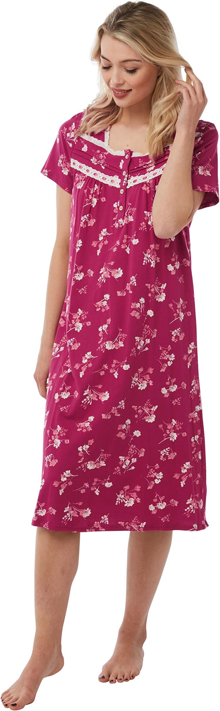 Women's Short Sleeved 100% Cotton Jersey Nightdress in 2 Prints