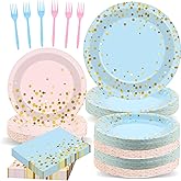 OBUSATT 192PCS Gender Reveal Party Supplies Baby Shower Party Tableware Gender Reveal Plates and Napkins Plastic Forks Boys Girls Blue and Pink Paper Plates for Baby Shower Wedding Birthday 48 Guests