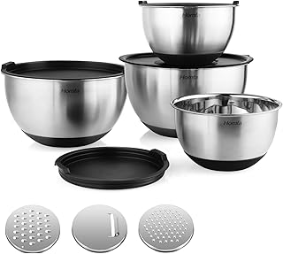 Homfa Edelstahlschüssel 4 Stück Küchenschüssel aus Edelstahl Salatschüssel mit 3 Gemüsereiben Rührschüsseln mit Deckel stapelbar Rutschfester Schüssel 4er Set von 4.5L,3L, 2L,1L