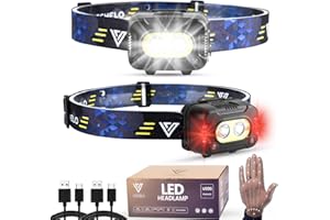 Vitchelo LED Headlamp Camping Light, Super Bright Waterproof Adjustable Head Light for Forehead, 6 Light Modes, Batteries Included, Red & White Flashlight (V696 Pack of 2)