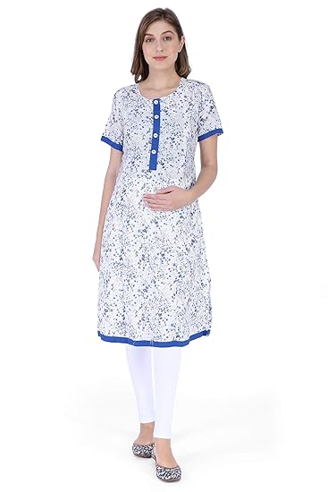 Women's Cotton Parmesan Beige & Zaffre Blue Maternity/Feeding Kurti