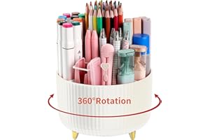 EDENMS Desk Pen Holder, 5 Slot 360 Rotating Pen Organizer for Desk, Desktop Storage Stationery Supplies Organizer, Cute Pencil Cup Pot for Office, School, Home, Art Supply, Beige
