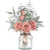 Faux Flowers with Vase,Artificial Silk Roses in Vase, Fake Plant Eucalyptus Flower Arrangement for Home Office Farmhouse Bathroom Dining Table Centerpiece Decorations Coffee Table Decor (Dusty Pink)
