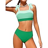 KANGKANG Girls Swimsuit Solid Color Block Adjustable Straps Teen Girl Bikini Set Kids Bathing Suits for Girls Size 7-16