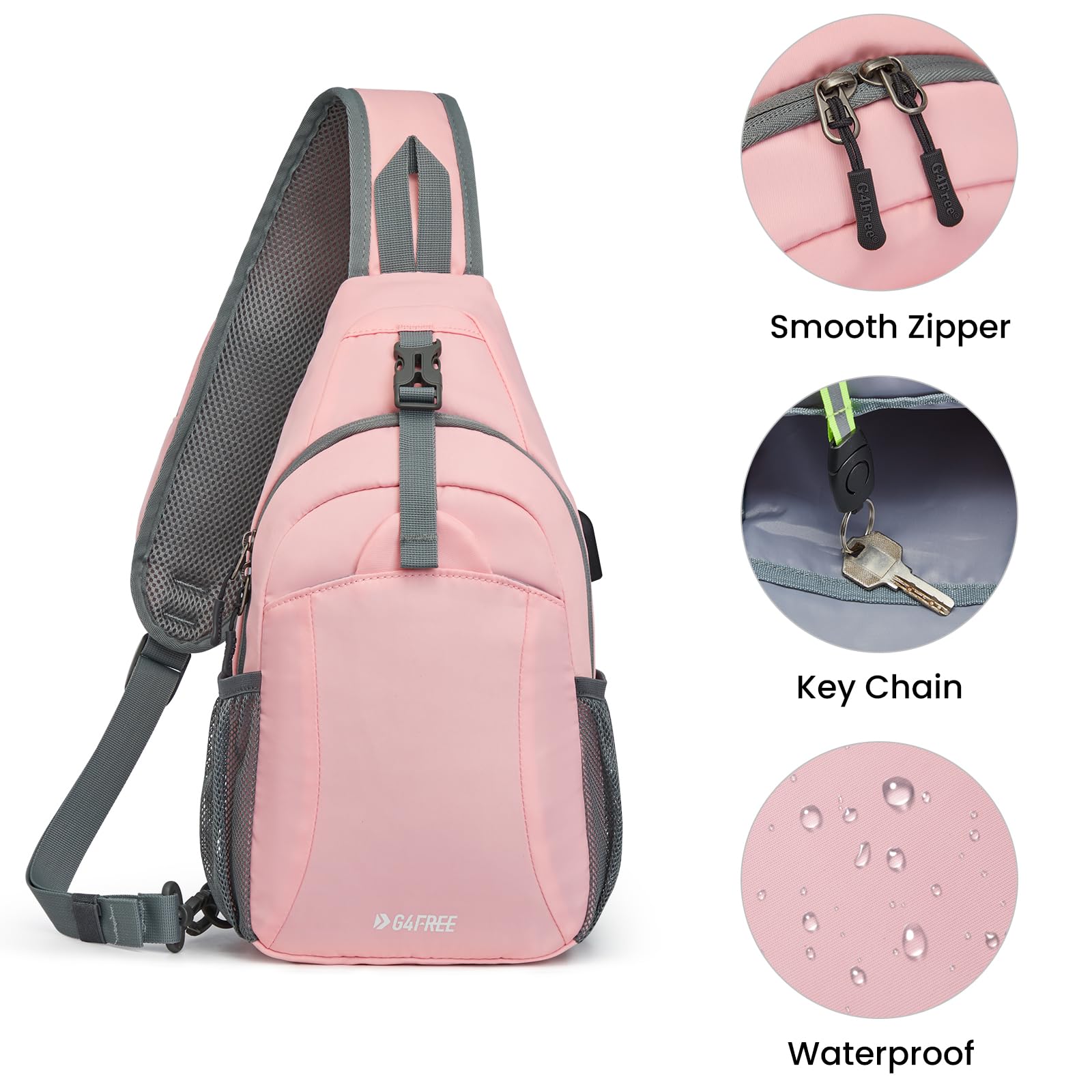 G4Free Sling Bag RFID Crossbody Sling Backpack with USB Charging Port, Travel Hiking Daypack Shoulder Chest Bag for Women Men(Pink)