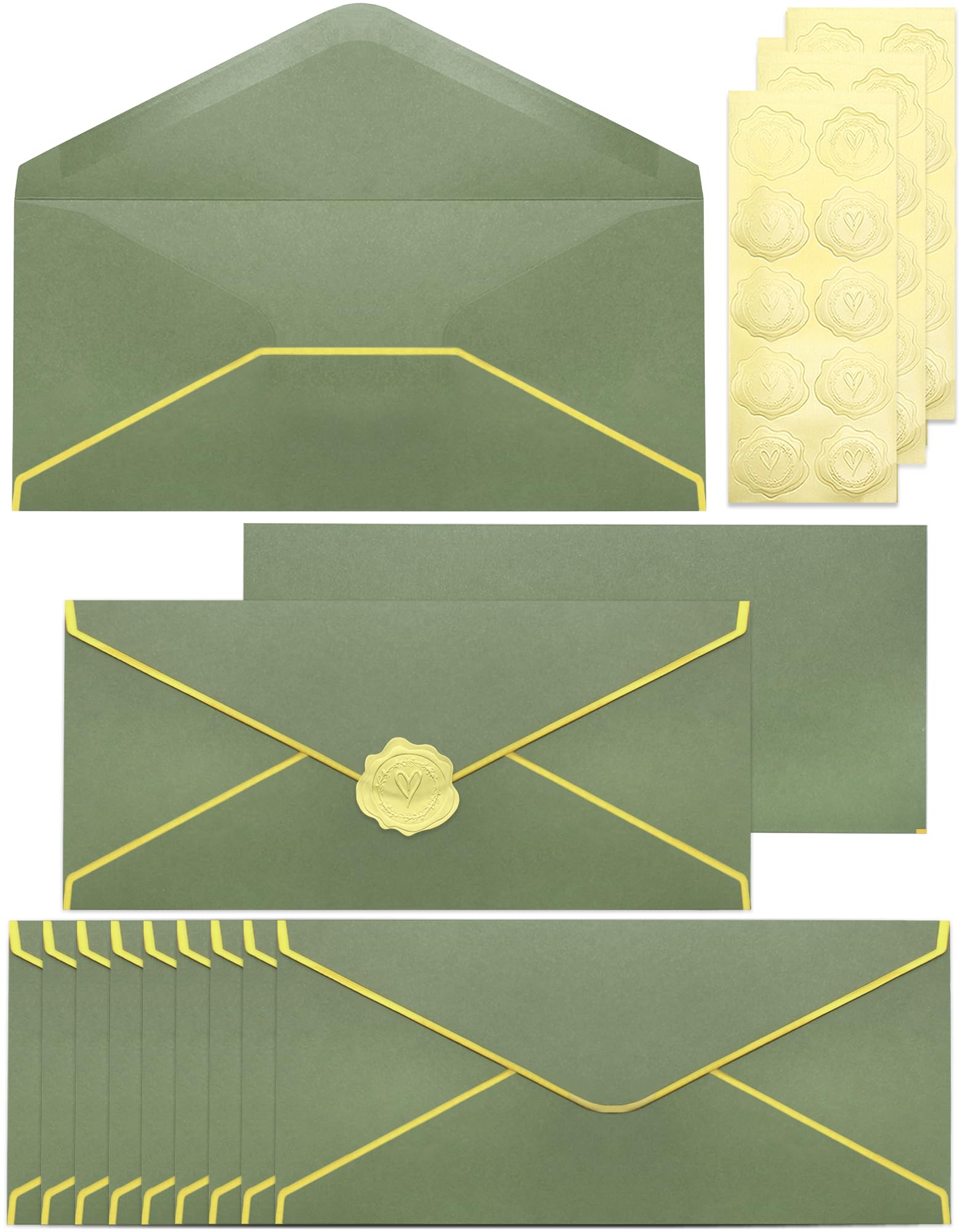 Photo 1 of Zooyinfy Business Envelopes with V-Flap,Gold Border 30 Pack #10 Envelopes Made of 150gsm Paper, Standard Envelopes with Gold Stickers for Office, Checks, Letter Mailing,9.45 * 4.13 Inches(Sage-Green)