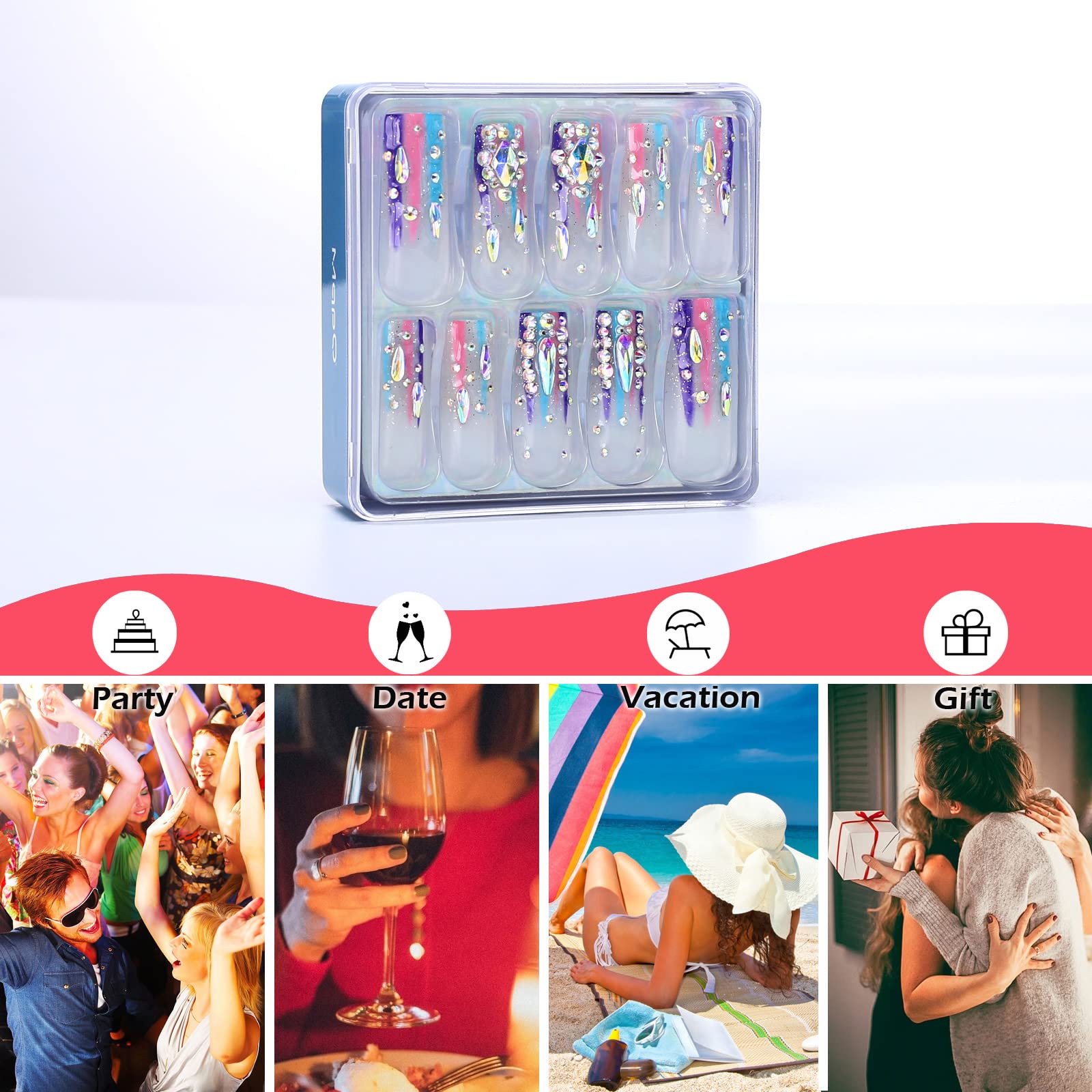 MqpQ Long Square Press On Nails With Rhinestones Luxury Rainbow Extra Fake Nails 24pcs Glossy Full Cover False Nails For Women And Girls - Image 5