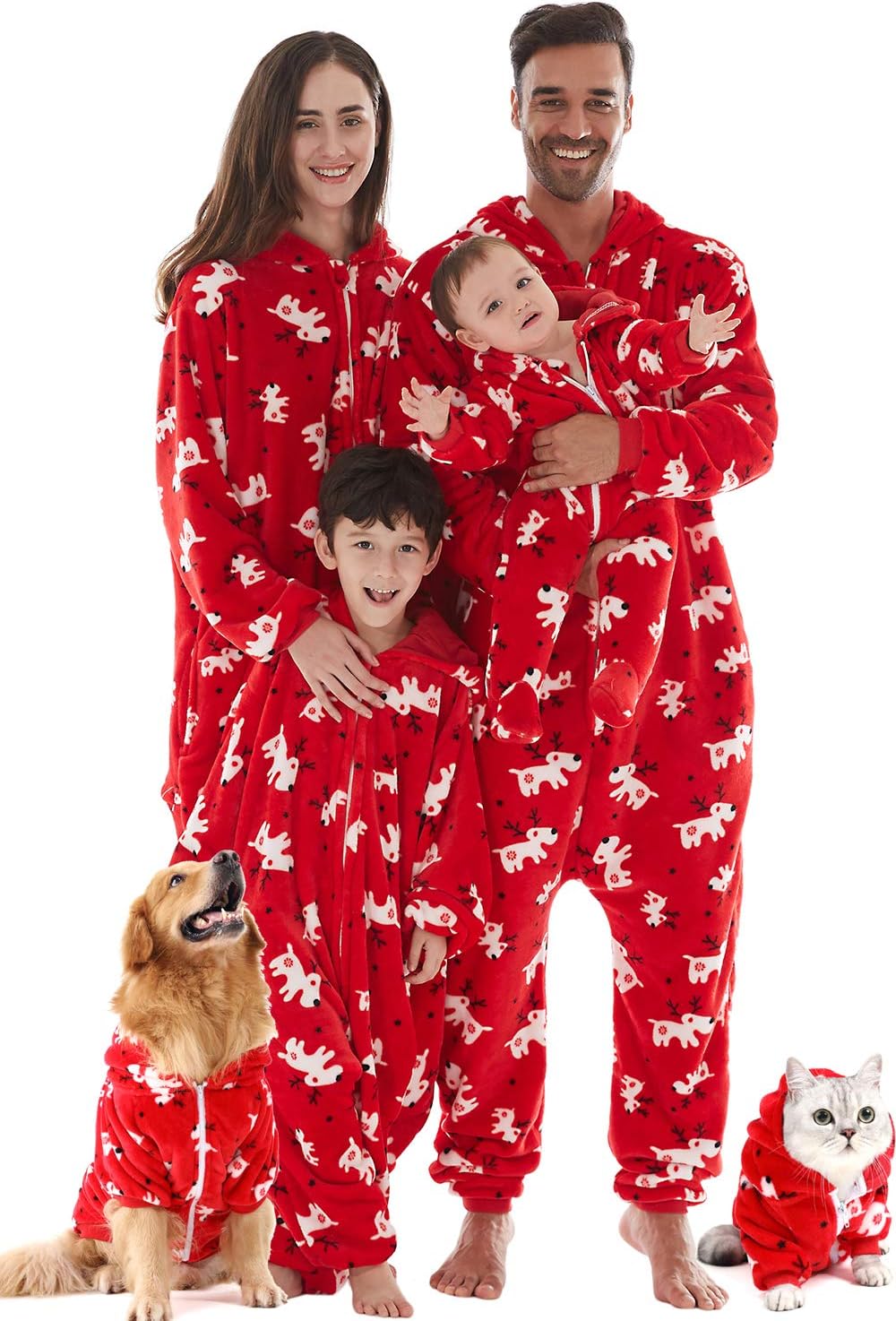 Family Pajamas Matching Sets, Drop Seat Onesie Hooded Zip Up Flannel One Piece Pajama Christmas Halloween for Men, Women, Kids, Babies, Dogs, Cats, 4 Colors