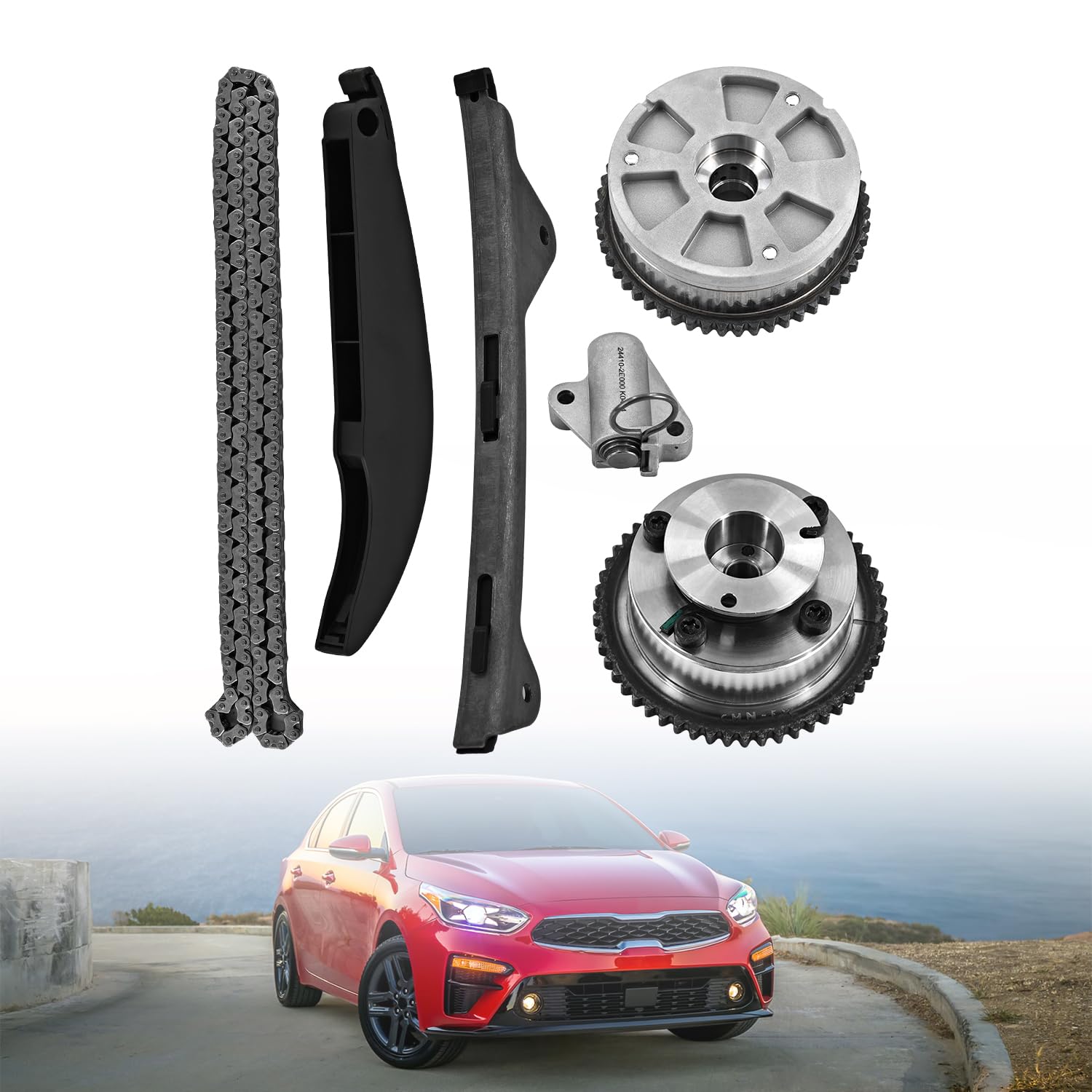 Photo 1 of 24350-2E700 243212E010 Timing Chain Kit with 2PCS Intake & Exhaust VVT Gear Sprocket Fit for Hyundai Elantra Kona Veloster 2017-2021 For Kia Forte Forte5 2017-2022 2.0L Engine