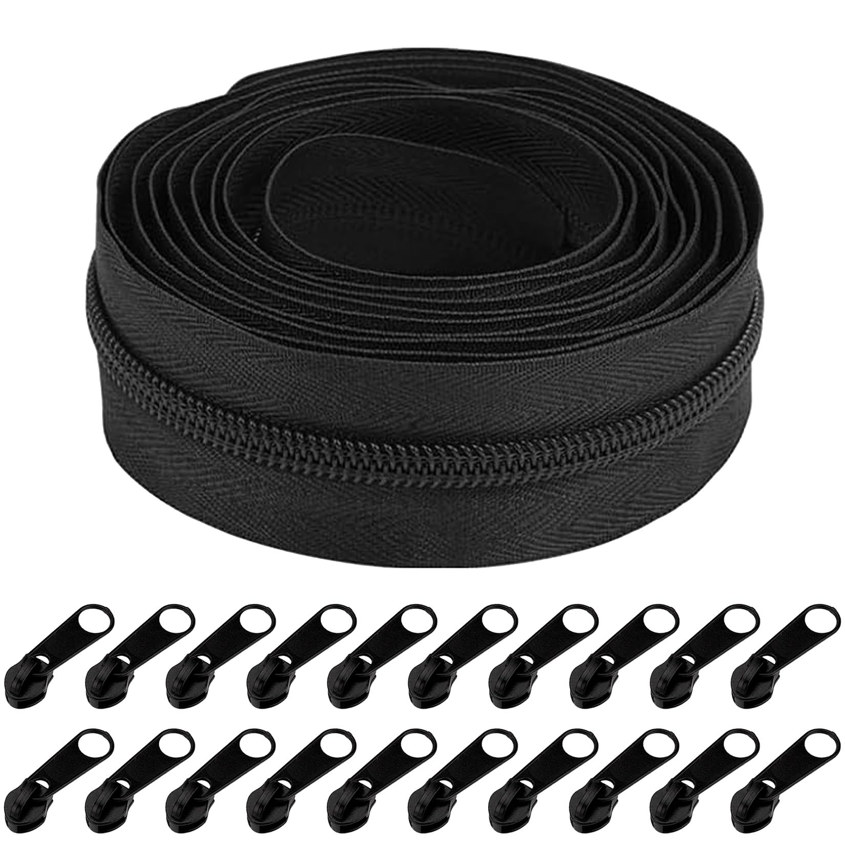 zrfgbxim 9.3m Zips for Sewing, Black Continuous Zip and Sliders, Nylon Coil Zipper by the Yards, Replacement Sewing Endless Zips with 20 Metal Sliders for DIY