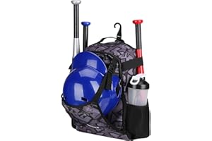 ZOEA Youth Baseball Bat Bag Backpack, T-Ball & Softball Equipment & Gear for Youth, Large Capacity Holds 2 Bats, Helmet, Gloves, Cleats, Helmet Holder and Includes Fence Hook