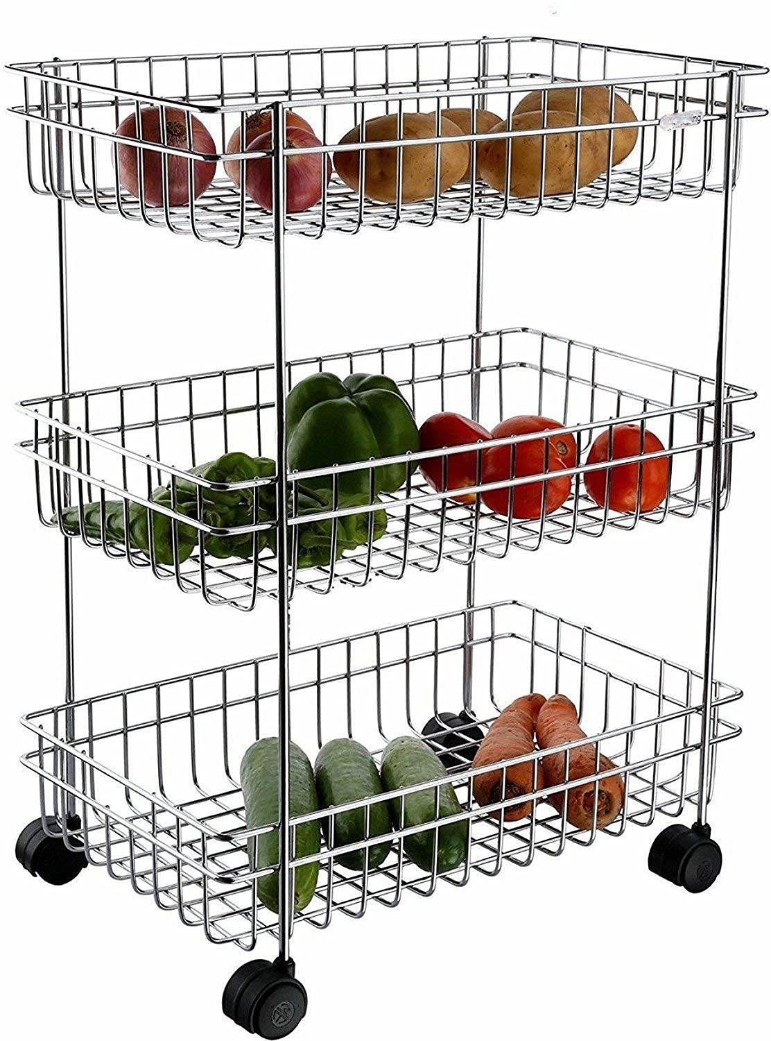 Three Layer Vegetable Trolley Stainless Steel Kitchen Trolley (Silver