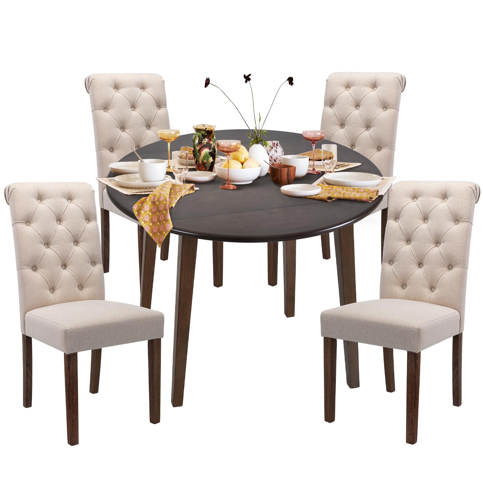 Photo 1 of ***TWO CHAIRS ONLY****COLAMY 5-Piece Extendable Dining Table Set for 4, 36" Kitchen Round Wood Table with 4 Tufted Dining Room Chairs, Light Brown/Beige             