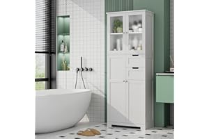 BOTLOG 67'' Tall Storage Cabinet, Bathroom Storage Cabinet with Glass Doors and Shelves, Kitchen Pantry Cabinet with 2 Drawers for Bathroom, Living Room, Kitchen, White