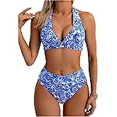 WDIRARA Women's Floral Halter Bikini Sets Tie Backless Swimsuit 2 Piece Bathing Suits
