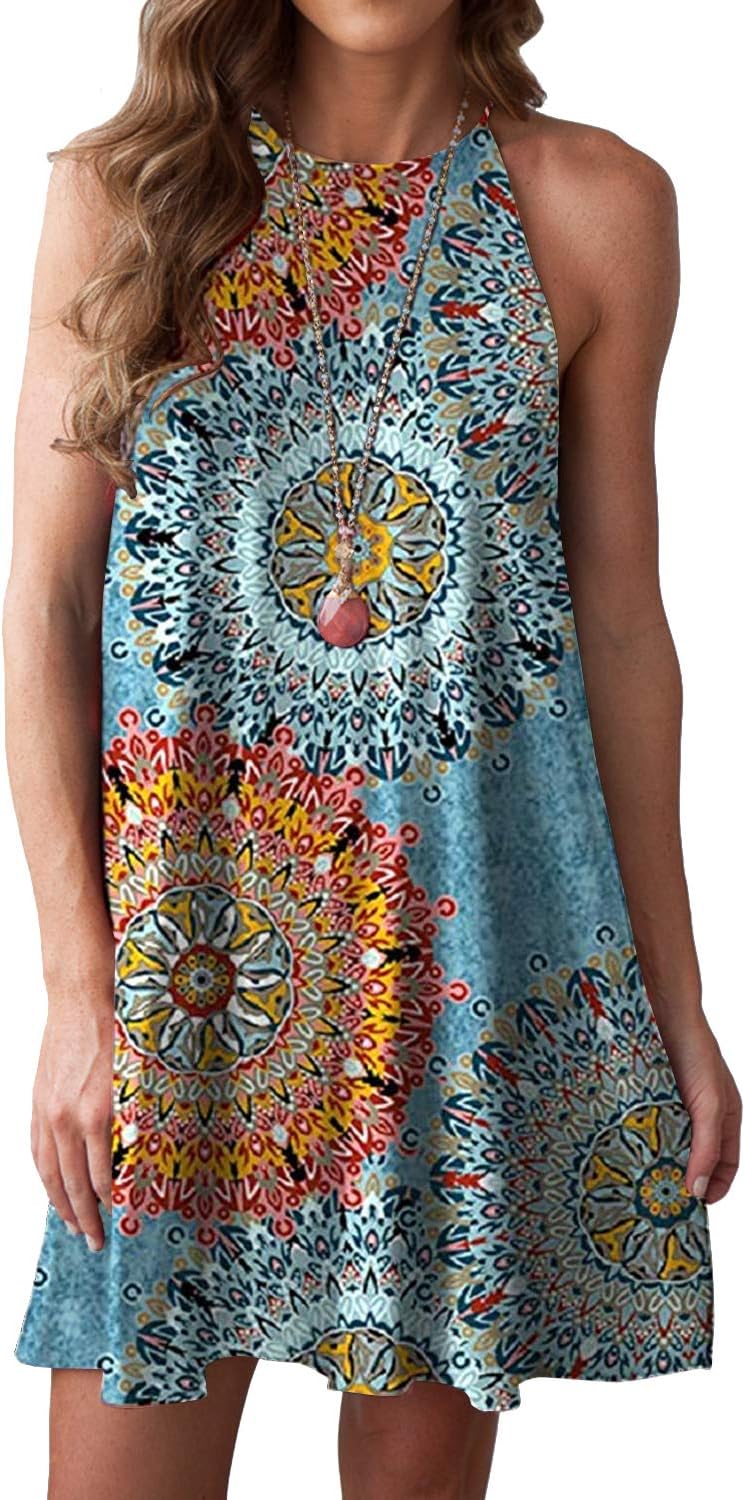 MITILLYWomen's Halter Neck Boho Floral Print Loose Casual Sleeveless Short Dress