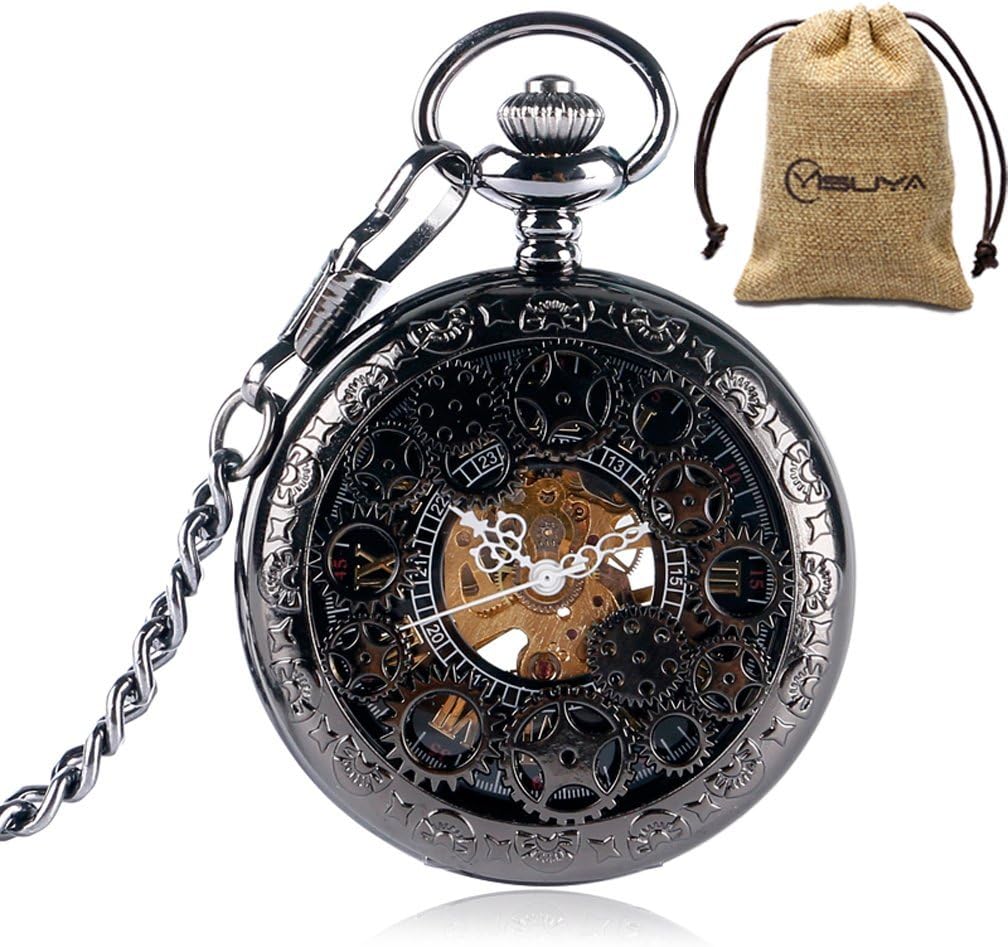 Men's Black Steampunk Gear Hollow Skeleton Mechanical Pocket Watch Chain Roman Numberal Pendant