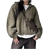 OYOANGLE Women's Zip Up Cable Knit Cardigan Sweater Long Sleeve Oversized Knitwear Tops
