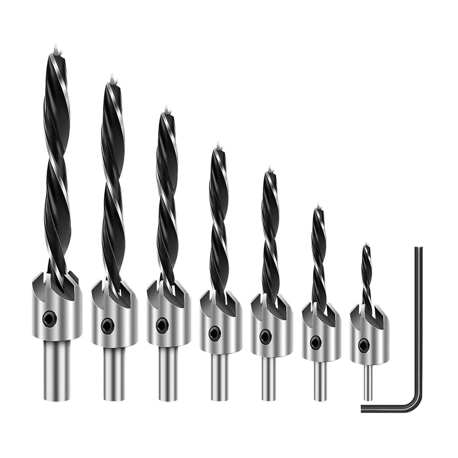 7 Pieces Countersink Drill Bits Set for Wood High Carbon Steel, Woodworking Carpentry Reame, with 1 Free Hex Key Wrench
