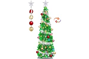 TURNMEON 5 Ft Pop Up Christmas Tree with Lights Timer, Collapsible Tinsel Christmas Tree with 50 Warm White&Color Changing Lights 8 Modes and Balls Ornaments 3D Star Sequins for Home Holiday Party Indoor Decor
