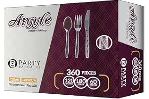Party Bargains Clear Plastic Cutlery 360 pcs: 180 Forks, 120 Spoons, 60 Knives. Argyle Design, Heavy Duty & Solid Disposable Silverware Utensils Combo Pack Set for Weddings, Buffets, Luncheons