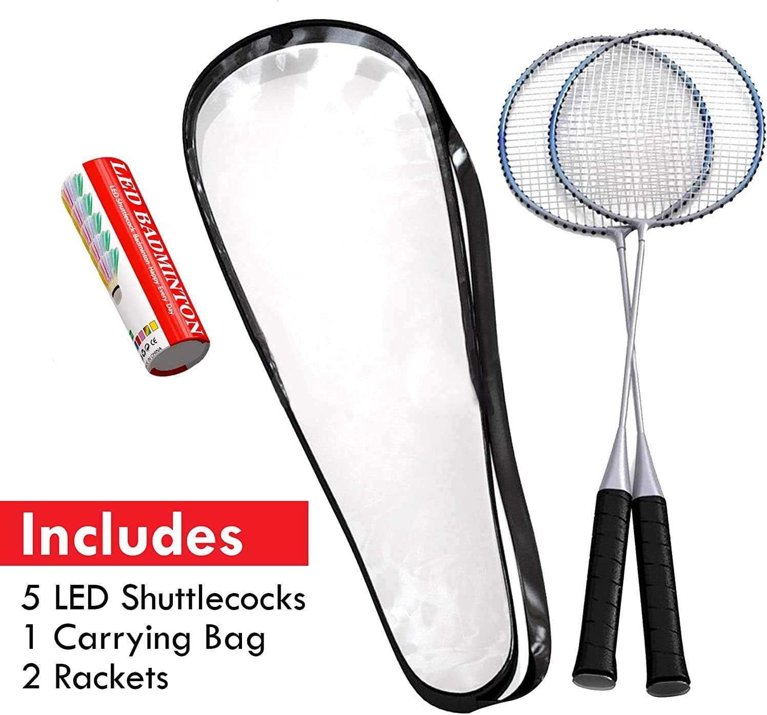 Trained Premium Quality Set of Badminton Rackets, Pair of 2 Rackets, Lightweight & Sturdy, with 5 LED SHUTTLECOCKS, for Professional & Beginner Players Adults and Children, Carrying Bag Included : Sports & Outdoors